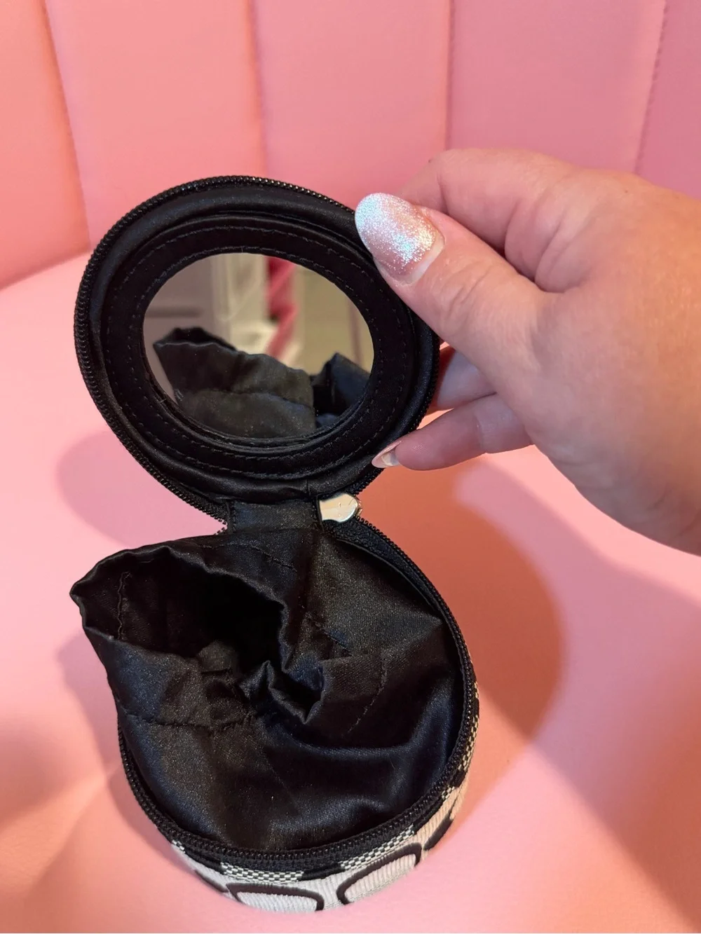 Coach Black & Cream Patterned Round Jewelry Case